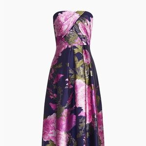 Kay Unger Strapless Gown in Pink and Navy Floral - pockets!